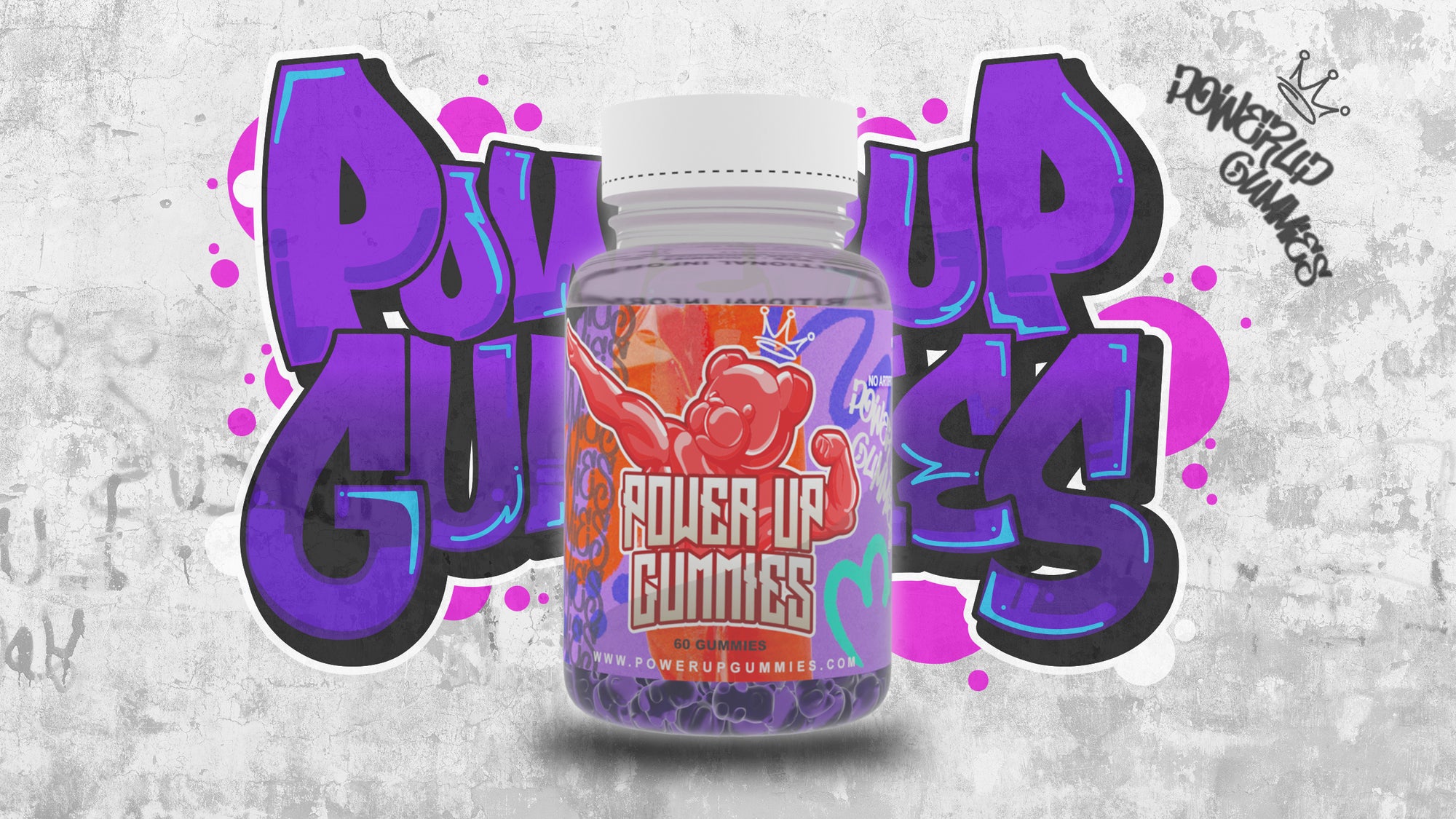 Creatine Monohydrate Gummies, Supplement, PowerUp Gummies bottle design with 5g Per Serving